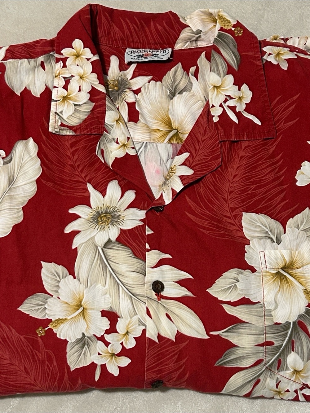 Pacific Legend Mens 3XL Hawaiian Aloha Shirt Red White Hibiscus Palm Cotton